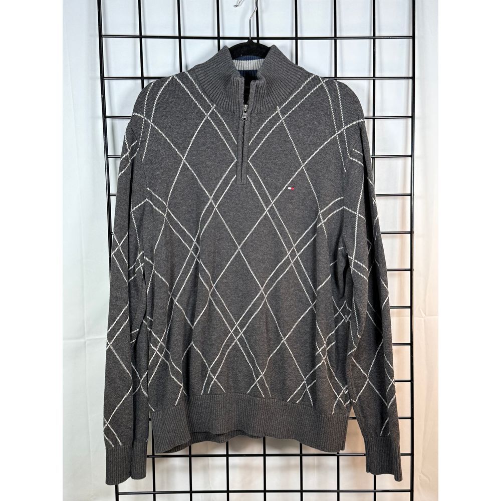 Tommy‎ Hilfiger 1/4 Zip Argyle Sweater Mens XL Gray Eclectic Grandpa Preppy